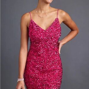 Sequin Spaghetti-Strap Dress in Fuchsia